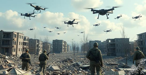 Una ciudad ucraniana en ruinas con soldados rusos y ucranianos en el frente, con drones volando en el cielo