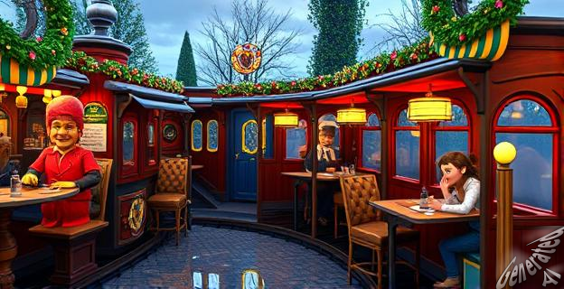 Un tren decorado con diferentes vagones temáticos, con personas comiendo y resolviendo enigmas en cada parada.