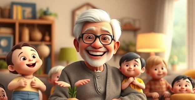 Imagen de una persona mayor sonriendo rodeada de nietos y objetos que representan sabiduría y experiencia, en un ambiente hogareño cálido y acogedor