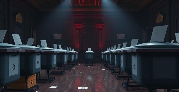 Una imagen de una sala llena de papeletas y urnas electorales con un ambiente de sospecha y controversia
