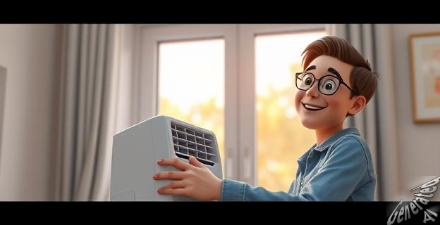 Una imagen de una persona sonriendo mientras sostiene un aire acondicionado portátil en una habitación calurosa, con una ventana al fondo por la que sale el aire caliente.