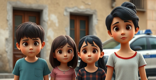 Imagen de una familia con niños pequeños frente a un edificio con grietas, con una mezcla de tristeza y determinación en sus rostros, mientras al fondo se ve un coche de la Guardia Civil.