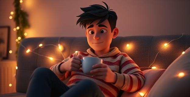 Una escena de una persona sentada en un sofá, rodeada de luces navideñas suaves y con una taza de té en la mano, mirando hacia abajo con expresión de cansancio y reflexión, con un ambiente tranquilo y minimalista alrededor.