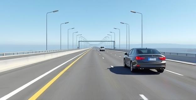 Imagen de una autopista con varios carriles, mostrando un coche en el carril izquierdo y otro acercándose por detrás