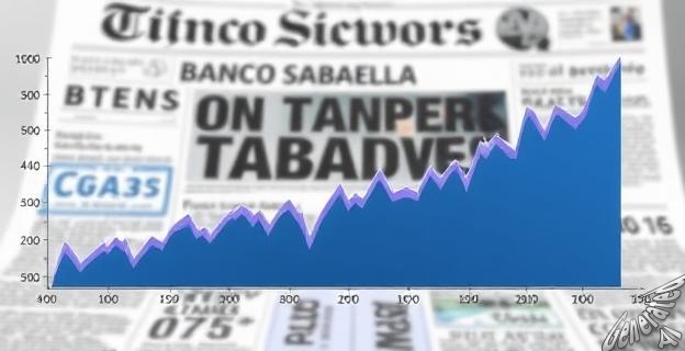 Gráfico mostrando la evolución de la cotización de Banco Sabadell en Bolsa con un titular de prensa sobre OPAs en el fondo
