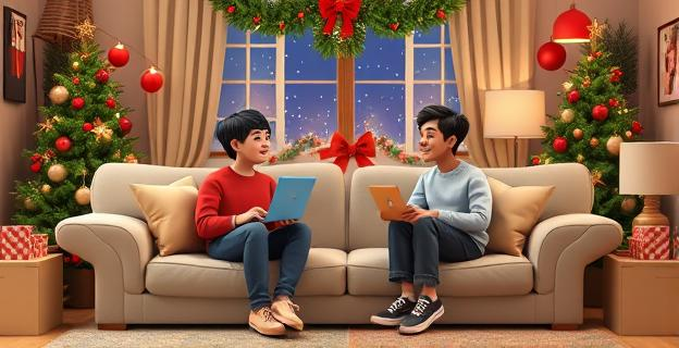Una pareja sentada en sofás separados, comunicándose por videollamada durante la Navidad, con decoraciones festivas alrededor.