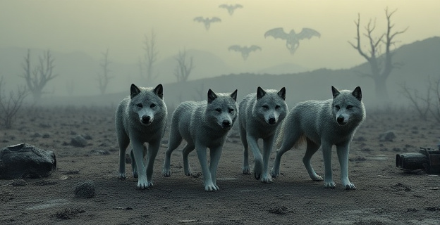 Una manada de lobos grises caminando por un paisaje desolado y radiactivo, con una aura de misterio y supervivencia