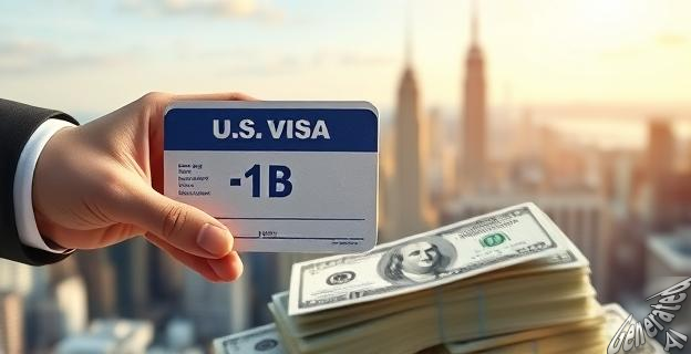 Una imagen de una persona con un visado H-1B en la mano, con una ciudad de Estados Unidos al fondo y una gran cantidad de dinero en dólares en primer plano.