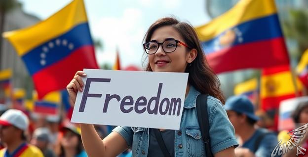 Imagen de una mujer venezolana con una pancarta que dice 