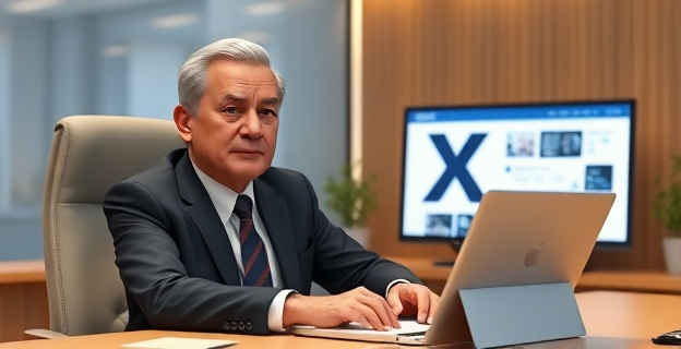 Imagen de una ministra (no identificable) en un escritorio con una pantalla mostrando la red social X, con una expresión de determinación. Al fondo, una pantalla con la plataforma Bluesky abierta.