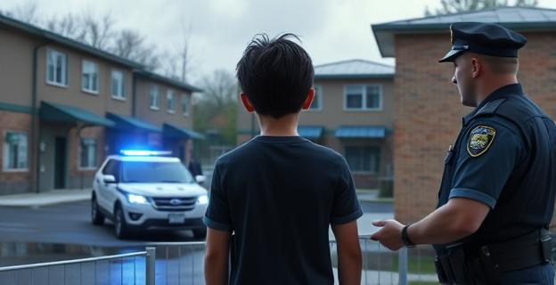 Un centro de acogida de menores con varios edificios y un perímetro de seguridad. Al fondo, una patrulla policial con luces azules. En primer plano, un menor siendo detenido por agentes de policía.