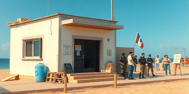 Una casa de playa con okupas en la puerta, con la Guardia Civil al fondo y un grupo de personas protestando en la acera