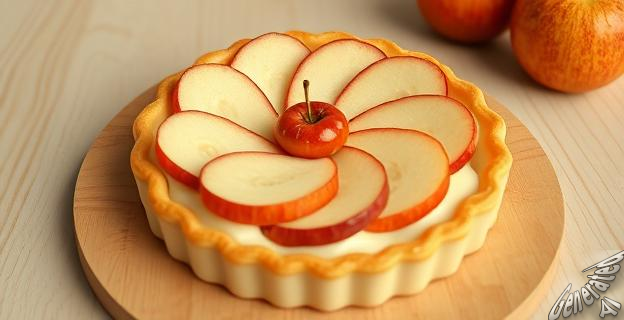 Una tarta de manzana de hojaldre con crema pastelera recién salida del horno, decorada con manzanas organizadas y un toque de mermelada de albaricoque, sobre una superficie de madera clara.