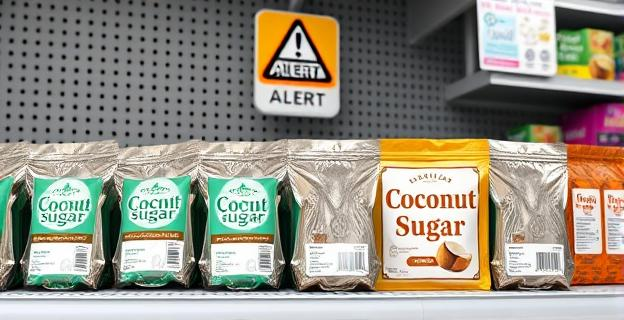 Imagen de una estantería de supermercado con bolsas de azúcar de coco vacías y envases abiertos, mostrando diferentes marcas y presentaciones, con un cartel de alerta alimentaria en el fondo.