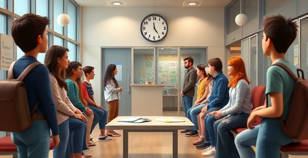 Una escena que muestra un grupo de jóvenes de diferentes edades y etnias esperando en una sala de un centro de acogida, con una mesa en el centro donde se ven documentos y un reloj de pared marcando una hora tardía, reflejando la incertidumbre y la espera.