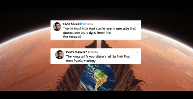 Una representación visual de un intercambio de mensajes en Twitter entre Elon Musk y Pedro Sánchez, con un fondo que muestra una división entre la Tierra y Marte, simbolizando la tensión entre los desafíos humanos y las ambiciones espaciales.