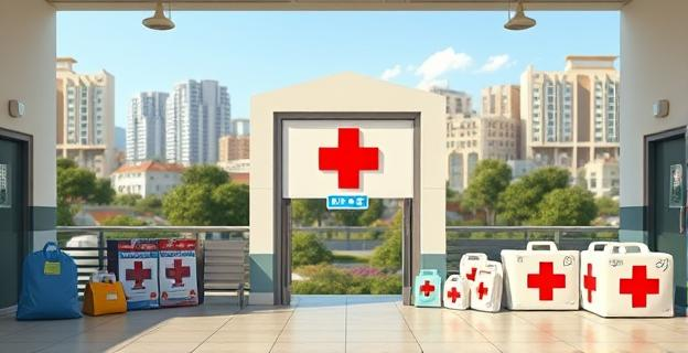 Imagen de un centro de acogida de inmigrantes con un letrero de Cruz Roja en la entrada, rodeado de kits de aseo y equipamiento de primeros auxilios. Al fondo, un paisaje urbano con hoteles y edificios residenciales.