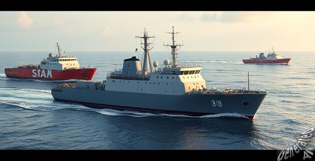 Un buque de la Armada española navegando en aguas internacionales cerca de la Franja de Gaza, con otras embarcaciones de ayuda humanitaria en el fondo.