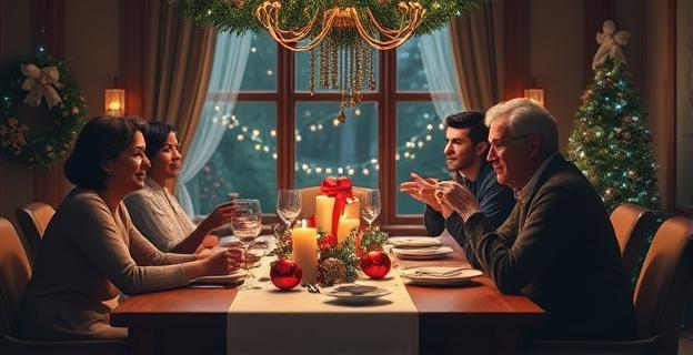 Una mesa de cena navideña con familiares conversando, con un ambiente cálido y decorado con elementos festivos.