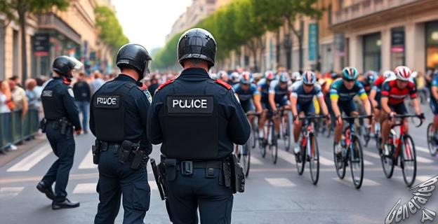 Imagen de agentes de policía con equipo de intervención en una calle de Madrid, con manifestantes y bicicletas de la Vuelta a España en el fondo.