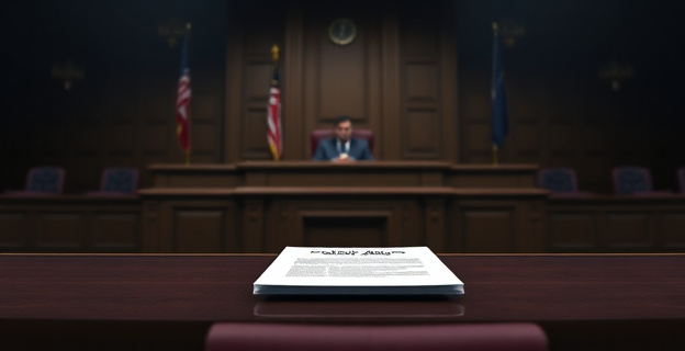 Imagen de una sala de justicia con un juez en el estrado y un expediente con el nombre de José Luis Rodríguez Zapatero en la mesa, con un fondo oscuro y serio.