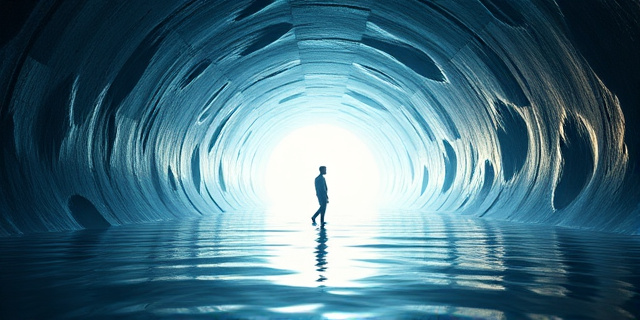 Una imagen de un túnel bajo el mar, con luces y sombras que se reflejan en el agua, y una figura de un hombre en el centro, mirando hacia adelante