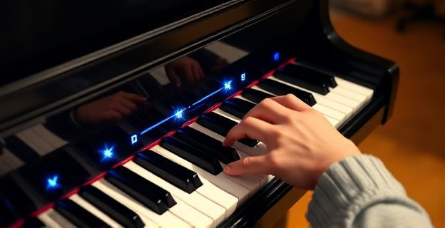 Imagen de un piano de cola con sensores ópticos en las teclas, mostrando una mano de pianista tocando con delicadeza