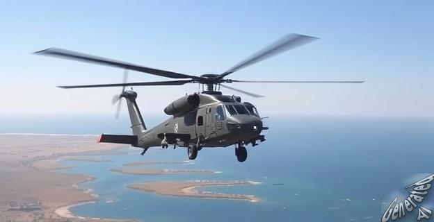 Un helicóptero militar estadounidense sobrevolando el Mediterráneo occidental a baja altura, con la costa argelina al fondo.