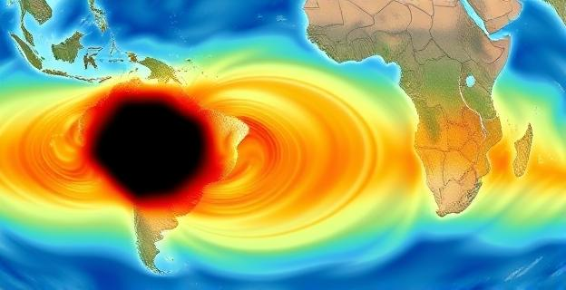 Imagen de un mapa del Atlántico Sur con una mancha oscura representando la Anomalía del Atlántico Sur expandiéndose hacia África y Sudamérica, con líneas de campo magnético debilitado