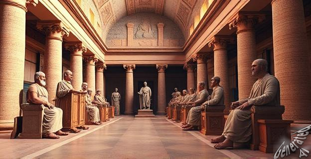 Ilustración de filósofos griegos en la Biblioteca de Alejandría