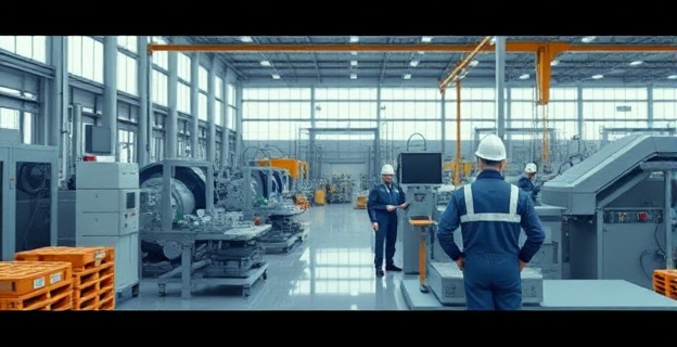 Una escena que muestra una fábrica moderna con maquinaria industrial y trabajadores cualificados, con un fondo que sugiere tecnología y energía renovable, reflejando la actividad de la empresa Base Sistemas y Suministros SA.