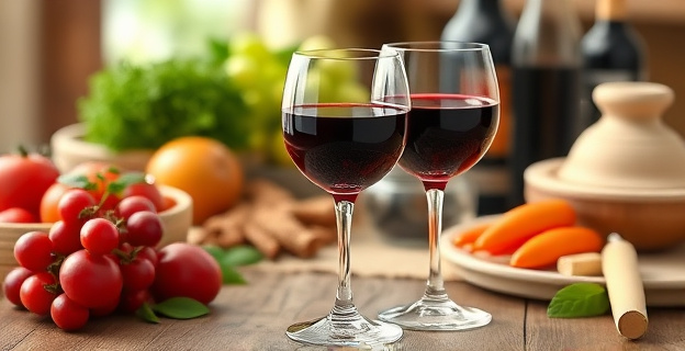 Una copa de vino tinto sobre una mesa con un fondo de ingredientes de dieta mediterránea