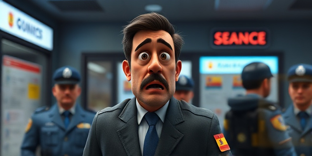 Un alcalde de un pueblo español con una expresión de sorpresa y preocupación, mientras es detenido por la policía en una comisaría.