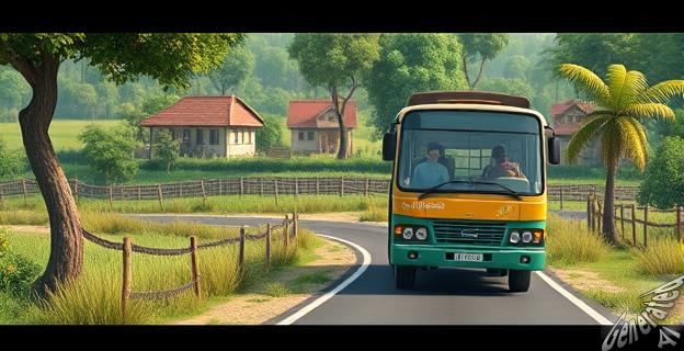 Imagen de un autobús en una carretera rural con pocos pasajeros, al fondo un pueblo con pocas casas.