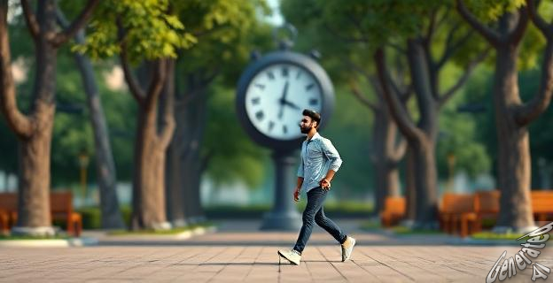 Persona caminando en un parque con un reloj de fondo mostrando el tiempo