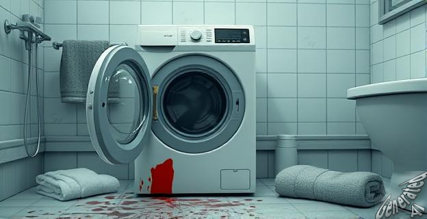 Una lavadora con la tapa abierta en un baño desordenado con restos de sangre en el suelo y toallas alrededor