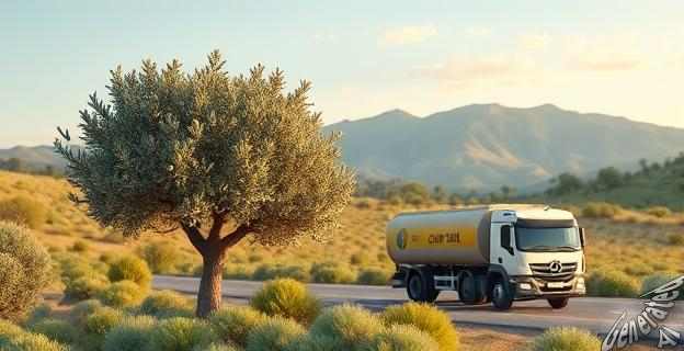 Una imagen de un olivo en un paisaje rural andaluz con un fondo de montañas, con un camión transportando aceite de oliva en primer plano.
