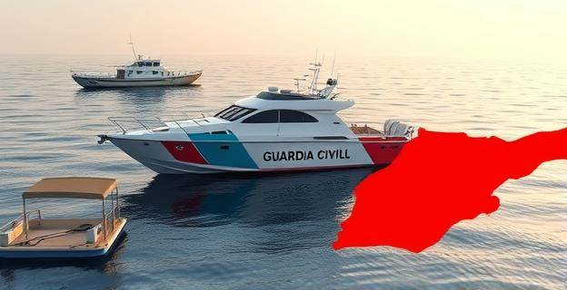 Imagen de una patrulla de la Guardia Civil en el mar, con una embarcación de inmigrantes en el fondo, y un mapa de Ceuta y Marruecos en el primer plano.