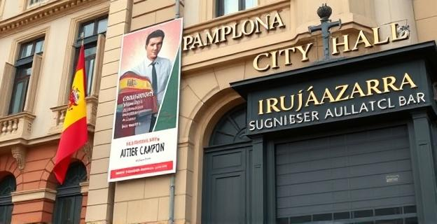 Edificio del Ayuntamiento de Pamplona con banderas españolas y vascas. Un cartel oficial muestra el nombre de Aitziber Campión como concejal de Euskera. Al fondo, un bar con rótulo 