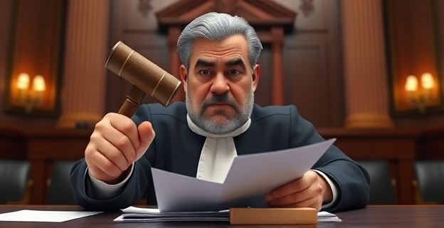 Una escena judicial tensa con un juez firme sosteniendo un martillo mientras mira unos documentos, con un fondo difuso de una sala de justicia.