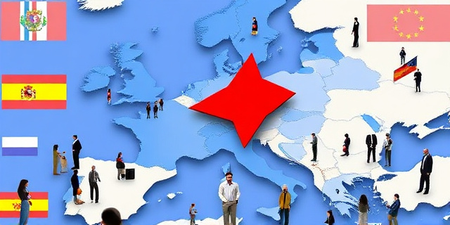 Un mapa de Europa con una gran flecha roja que apunta hacia España, rodeada de personas de diferentes culturas y edades, con un fondo de banderas europeas