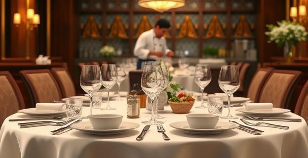 Imagen de un restaurante de alta cocina con una mesa elegantemente puesta, vajilla fina y una carta con platos sofisticados. Al fondo, un chef preparando un plato con ingredientes frescos y de alta calidad.
