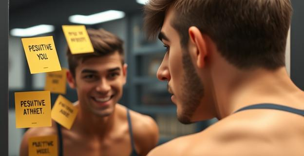 Imagen de una persona mirándose al espejo con una expresión de confianza, rodeada de notas adhesivas con afirmaciones positivas. Un atleta de élite en el fondo, preparándose para una competición.