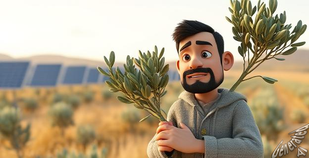 Una imagen de una persona sosteniendo un olivo en un campo con placas solares en el fondo, con un gesto de preocupación y determinación.