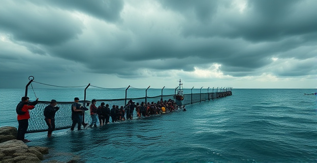 Una imagen conceptual que represente la crisis migratoria en Ceuta, con personas intentando cruzar una valla o nadando hacia la costa, bajo un cielo tormentoso.