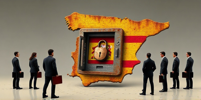 Una ilustración conceptual y satírica. Un mapa de España representado como un cajero automático antiguo y oxidado, con un cartel de 