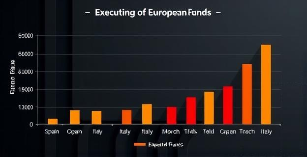 Un gráfico que muestra la comparación entre la ejecución de fondos europeos en España e Italia, con un fondo oscuro representando la opacidad y un gráfico de barras mostrando las cifras de ejecución