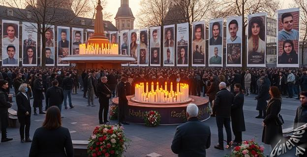 Una multitud en una plaza conmemorativa con velas y flores, en un ambiente solemne y de luto, con un fondo de pancartas con fotos de rehenes y víctimas.