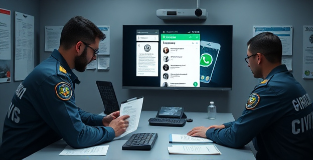 Una escena de una sala de investigación con agentes de la Guardia Civil analizando documentación y dispositivos electrónicos, con una pantalla mostrando un grupo de WhatsApp llamado 