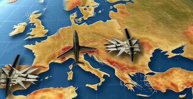 Imagen de un mapa de Europa y Oriente Medio con símbolos de aviones y bases militares superpuestos, destacando las rutas aéreas y los puntos estratégicos durante la Guerra del Yom Kippur, con un fondo de tensión geopolítica.